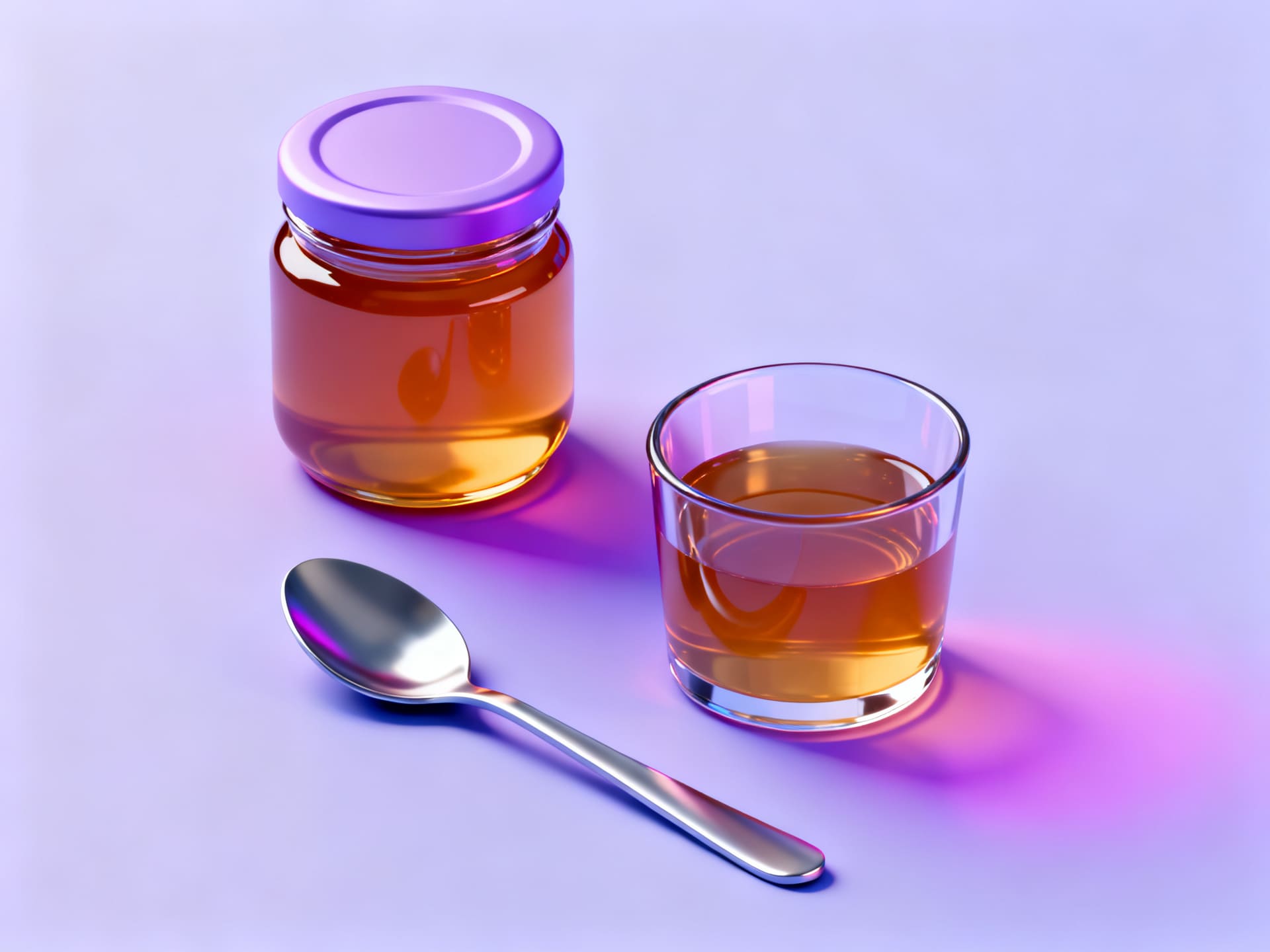 Side view of a small glass jar of honey with a plain lid, a short clear tumbler of set amber gelatin and a steel teaspoo